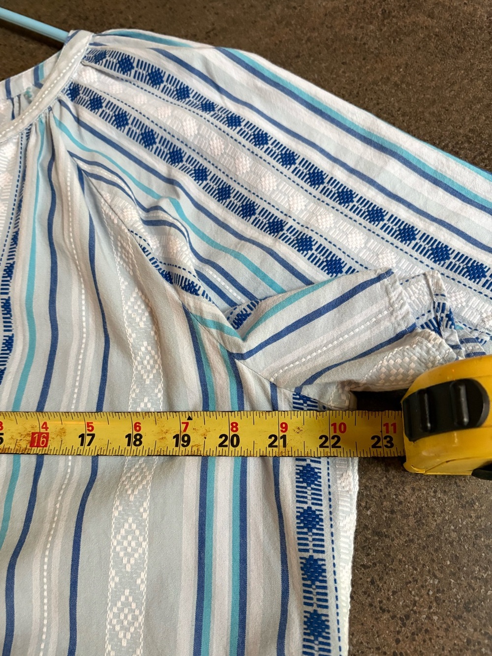 Cute swingy cotton tiered summer dress. Blues and stripes, tie tassel neck. - Picture 7 of 8